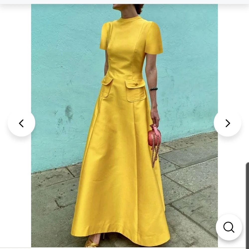 Maxi short sleeve pocket mod sunflower yellow retro vibe elegant dress